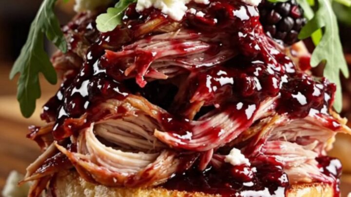 Glossy purple chipotle blackberry pulled chicken piled high on toasted brioche sliders with goat cheese and arugula