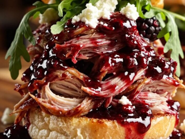 Glossy purple chipotle blackberry pulled chicken piled high on toasted brioche sliders with goat cheese and arugula
