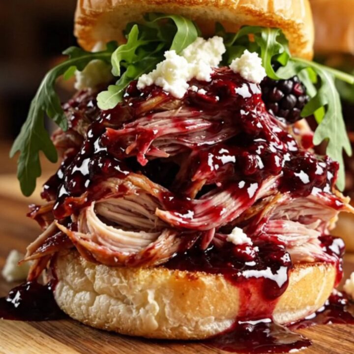 Glossy purple chipotle blackberry pulled chicken piled high on toasted brioche sliders with goat cheese and arugula