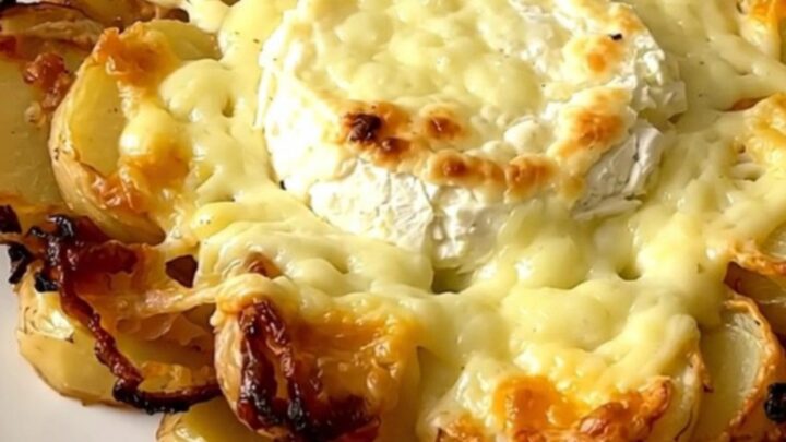Golden slow cooker goat cheese tartiflette with melted cheese and creamy potatoes served on a white plate