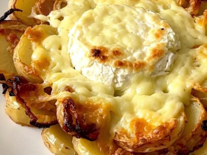 Golden slow cooker goat cheese tartiflette with melted cheese and creamy potatoes served on a white plate