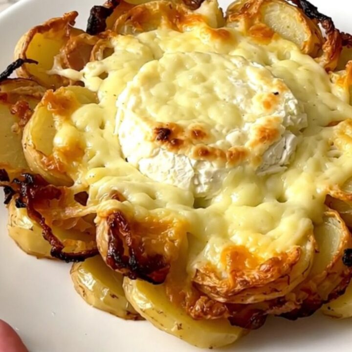 Golden slow cooker goat cheese tartiflette with melted cheese and creamy potatoes served on a white plate