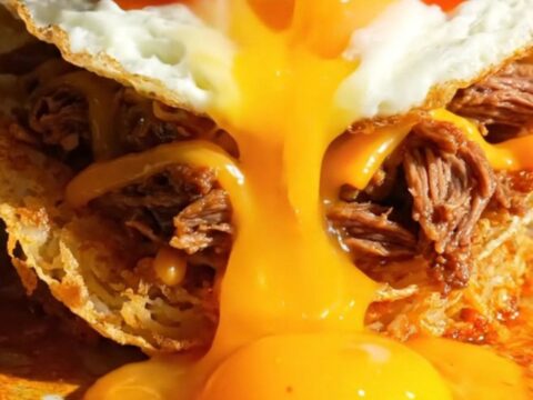 Crispy golden hashbrown taco shell folded around beef birria and melted cheddar