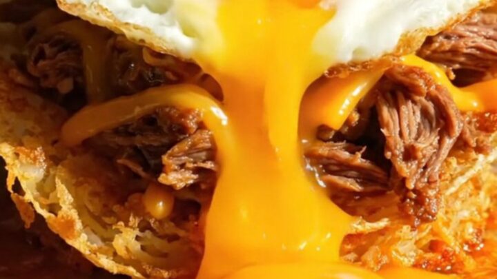 Crispy golden hashbrown taco shell folded around beef birria and melted cheddar
