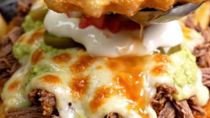 Skillet of loaded birria waffle fries with a molten Chihuahua cheese pull, pickled jalapeños and guacamole