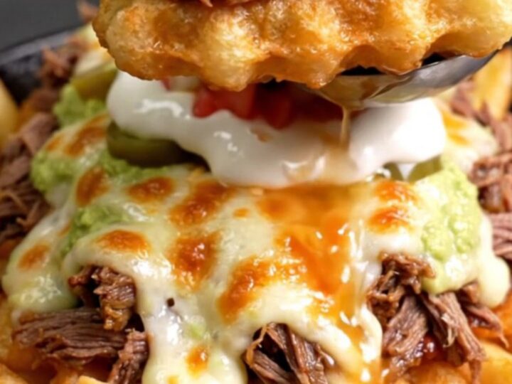 Skillet of loaded birria waffle fries with a molten Chihuahua cheese pull, pickled jalapeños and guacamole