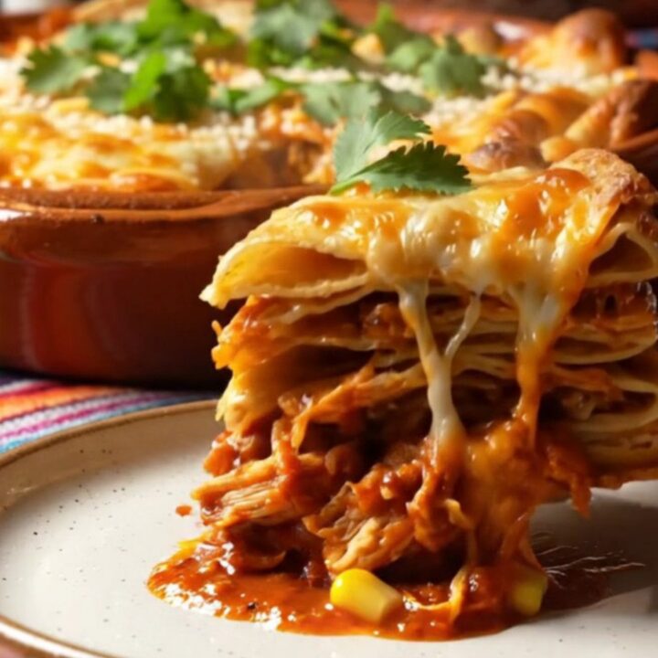 Tall square of pastel azteca Mexican tortilla lasagna with stretchy melted Oaxaca cheese and red guajillo chicken layers