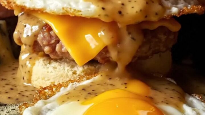 Tall flaky buttermilk biscuit sandwich oozing black-pepper sausage gravy and a golden egg on a wooden board