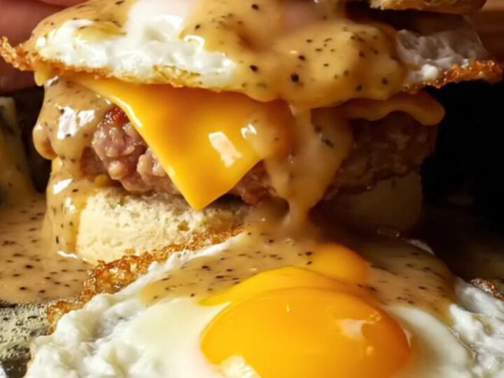 Tall flaky buttermilk biscuit sandwich oozing black-pepper sausage gravy and a golden egg on a wooden board