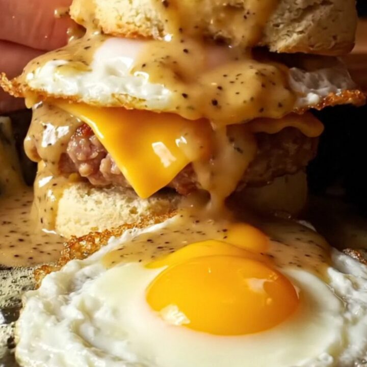 Tall flaky buttermilk biscuit sandwich oozing black-pepper sausage gravy and a golden egg on a wooden board