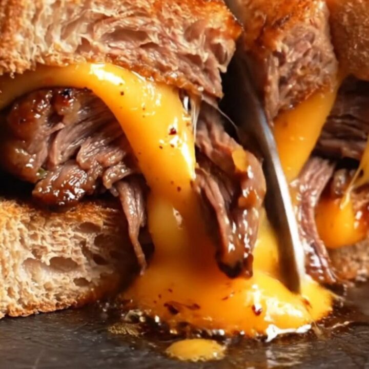 Diagonally sliced short rib grilled cheese with melted smoked Gouda and magenta pickled onions on golden sourdough