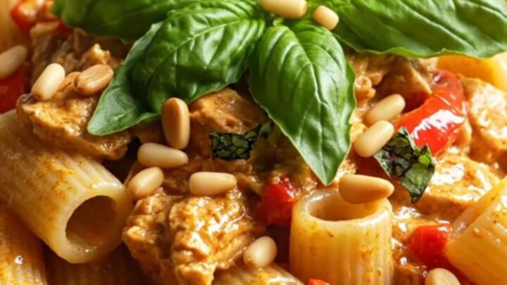 Shredded crockpot chicken in coral roasted red pepper goat cheese sauce over rigatoni with basil and pine nuts