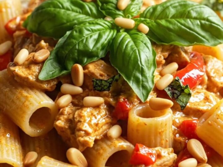 Shredded crockpot chicken in coral roasted red pepper goat cheese sauce over rigatoni with basil and pine nuts