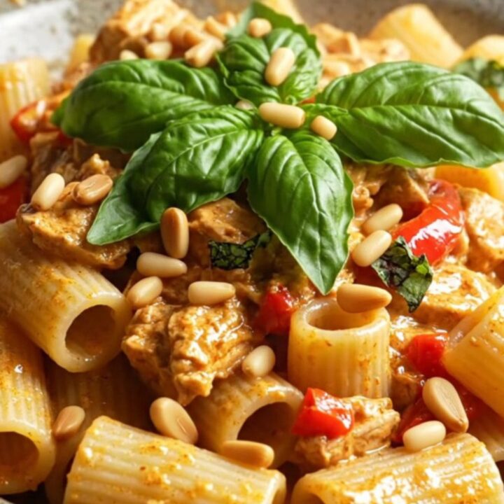 Shredded crockpot chicken in coral roasted red pepper goat cheese sauce over rigatoni with basil and pine nuts