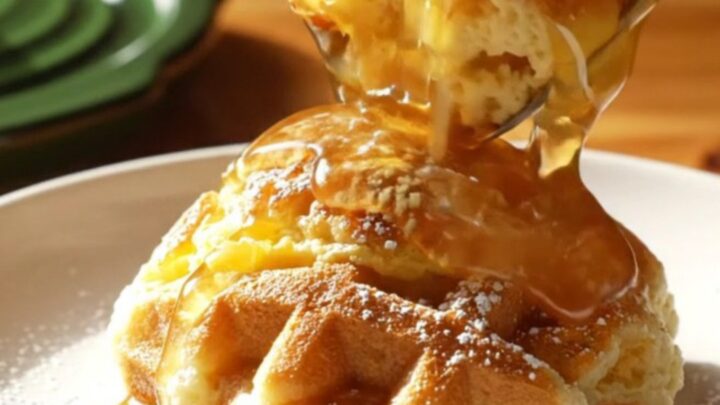 Crockpot maple waffle and sausage breakfast bake scooped into a bowl with maple syrup and powdered sugar