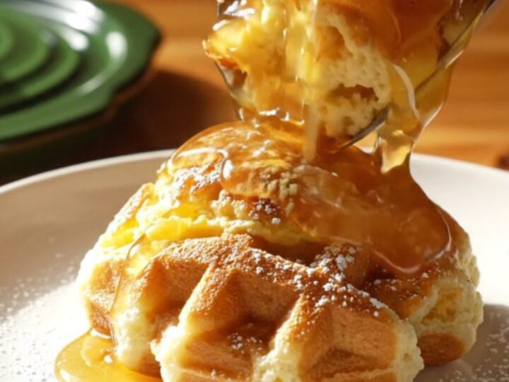 Crockpot maple waffle and sausage breakfast bake scooped into a bowl with maple syrup and powdered sugar