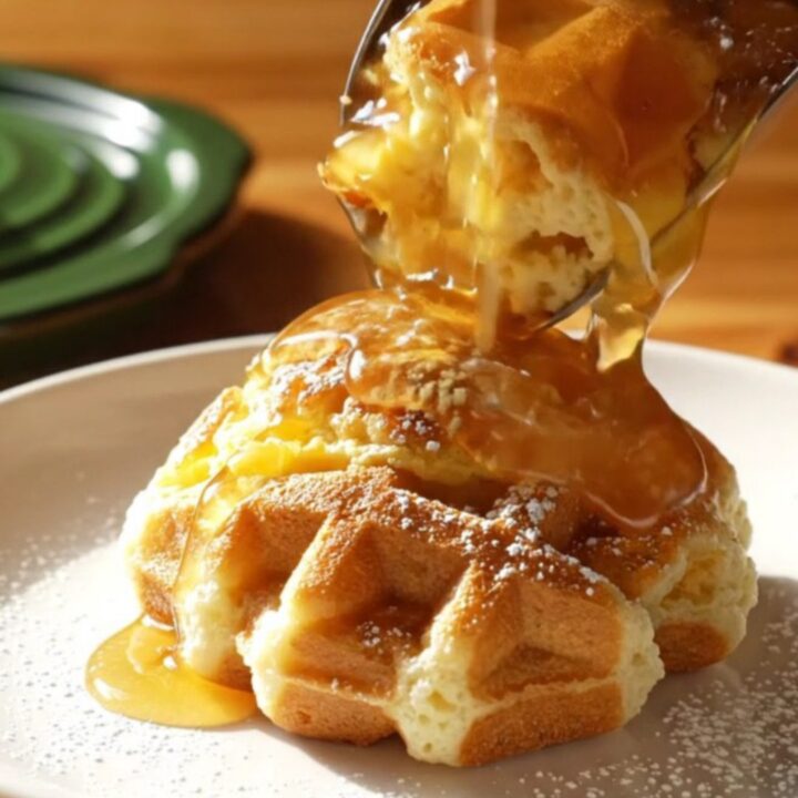 Crockpot maple waffle and sausage breakfast bake scooped into a bowl with maple syrup and powdered sugar