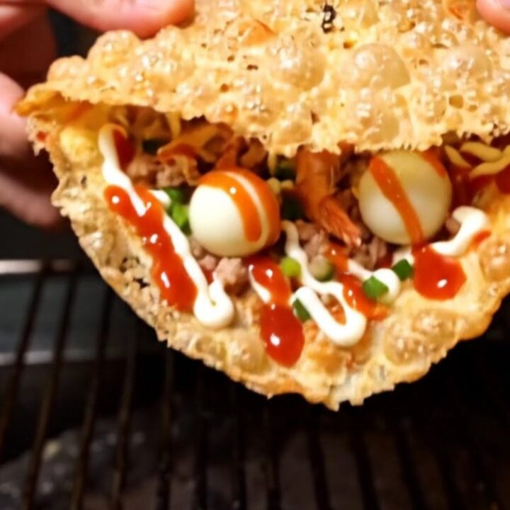 Crispy Vietnamese rice paper pizza folded in half, blistered golden and zigzagged with chili sauce and mayonnaise on a board