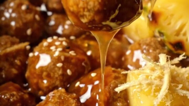 Glossy amber teriyaki-glazed pork meatballs with charred pineapple cubes and black and white sesame seeds in a slow cooker