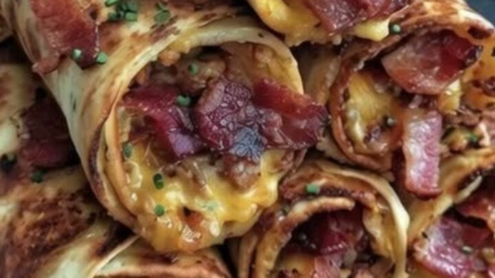 Pile de roulés dorés au beurre à l'ail garnis de cheddar filant et de bacon, garnis de ciboulette sur une assiette sombre