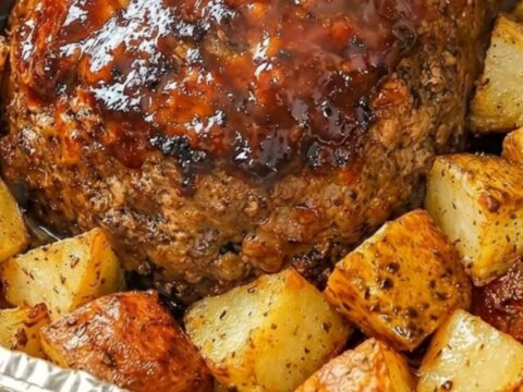 Pain de viande laqué au barbecue dans un plat en aluminium, entouré de cubes de pommes de terre rôties dorées