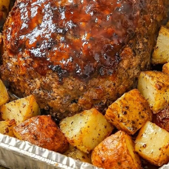 Pain de viande laqué au barbecue dans un plat en aluminium, entouré de cubes de pommes de terre rôties dorées