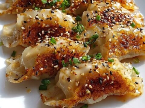 Gyozas poêlés dorés en rosace sur une assiette ovale blanche, nappage brillant, graines de sésame et cives