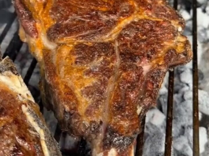 Sliced grilled bone-in ribeye with a dark charred crust and rosy juicy center on a white plate