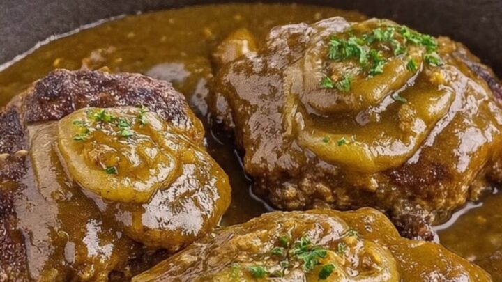 Three smothered hamburger steaks glistening with onion gravy in a cast-iron skillet
