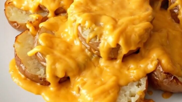 Crockpot cheddar scalloped potatoes served on a white plate, tender potato slices in thick cheesy cream sauce with light