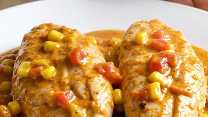 Shredded crockpot cream cheese taco chicken in a thick creamy taco sauce with corn and diced tomatoes