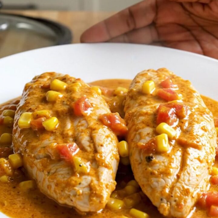 Shredded crockpot cream cheese taco chicken in a thick creamy taco sauce with corn and diced tomatoes