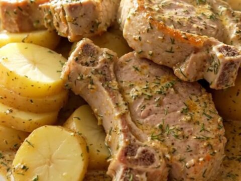 Boneless pork chops and gold potato slices in thick creamy dill sauce in a black slow cooker with cream insert on a beige