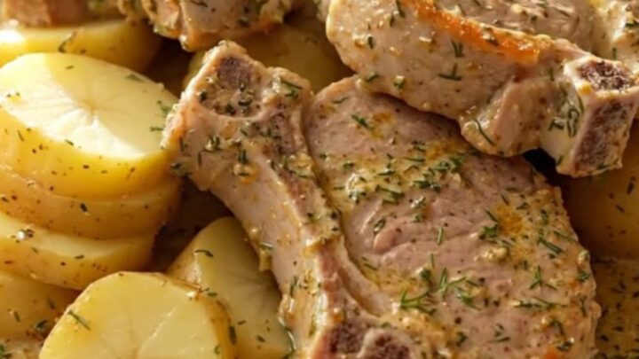 Boneless pork chops and gold potato slices in thick creamy dill sauce in a black slow cooker with cream insert on a beige