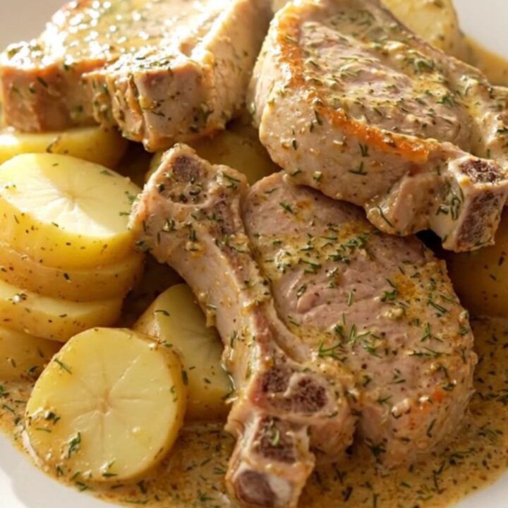 Boneless pork chops and gold potato slices in thick creamy dill sauce in a black slow cooker with cream insert on a beige