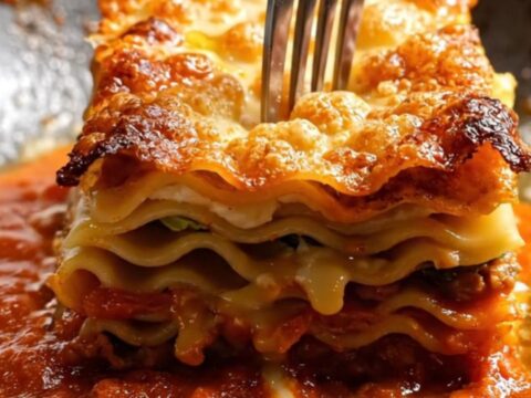 Tall slice of crispy 100-layer lasagna Bolognese showing paper-thin pasta, ragù, and béchamel strata over warm marinara