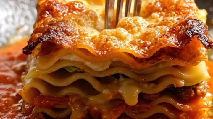 Tall slice of crispy 100-layer lasagna Bolognese showing paper-thin pasta, ragù, and béchamel strata over warm marinara