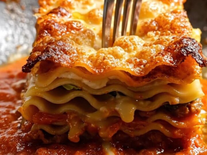 Tall slice of crispy 100-layer lasagna Bolognese showing paper-thin pasta, ragù, and béchamel strata over warm marinara