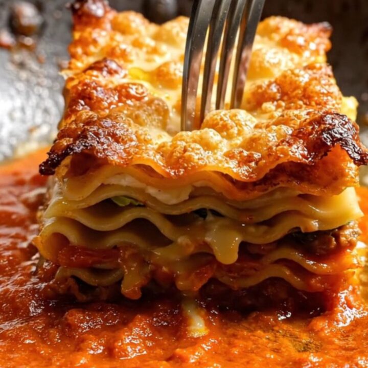 Tall slice of crispy 100-layer lasagna Bolognese showing paper-thin pasta, ragù, and béchamel strata over warm marinara