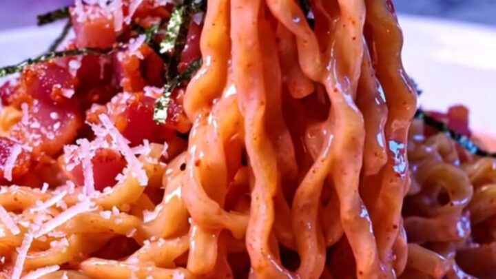 Glossy pink spicy ramen carbonara noodles twirled in a bowl with crisp bacon, Parmesan and nori strips