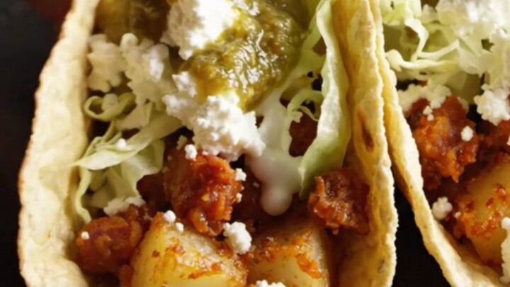 Crispy potato and chorizo taco topped with queso fresco, crema and green salsa verde on a rustic wooden board