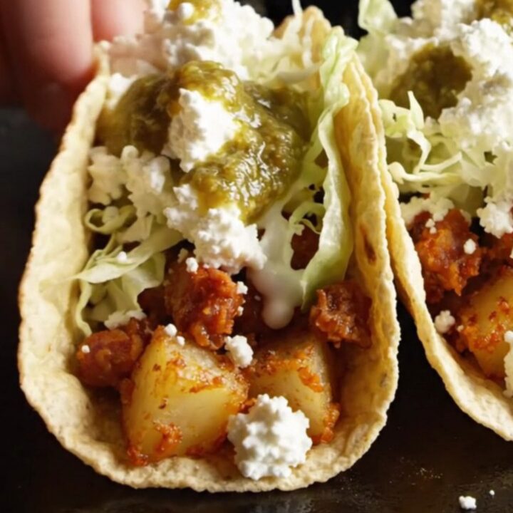 Crispy potato and chorizo taco topped with queso fresco, crema and green salsa verde on a rustic wooden board