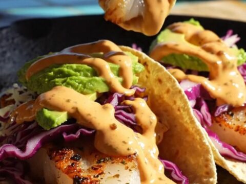 Blackened mahi-mahi Baja tacos on charred corn tortillas with purple cabbage, avocado and a swirl of chipotle crema