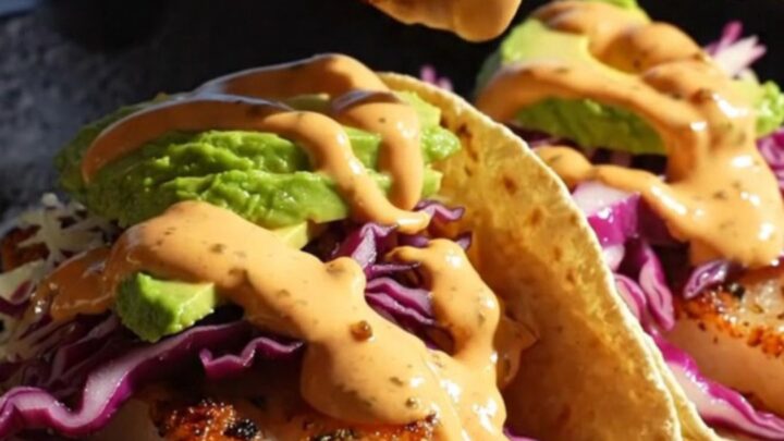 Blackened mahi-mahi Baja tacos on charred corn tortillas with purple cabbage, avocado and a swirl of chipotle crema