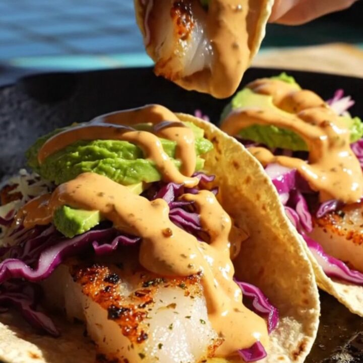 Blackened mahi-mahi Baja tacos on charred corn tortillas with purple cabbage, avocado and a swirl of chipotle crema