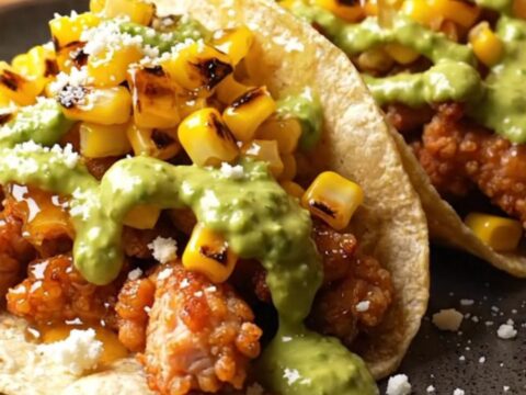 Glossy chipotle honey chicken smash taco topped with cotija crumbles on a warm amber kitchen table