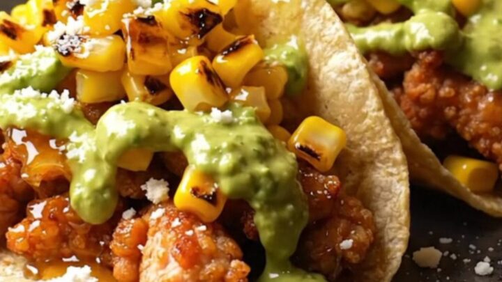 Glossy chipotle honey chicken smash taco topped with cotija crumbles on a warm amber kitchen table