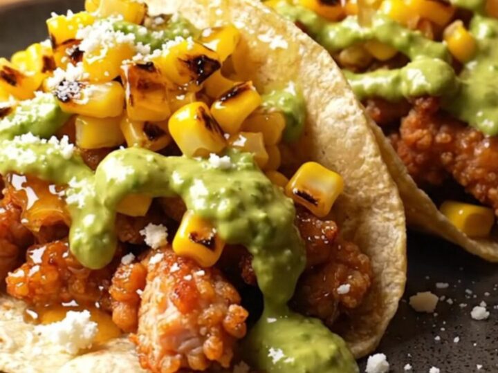 Glossy chipotle honey chicken smash taco topped with cotija crumbles on a warm amber kitchen table