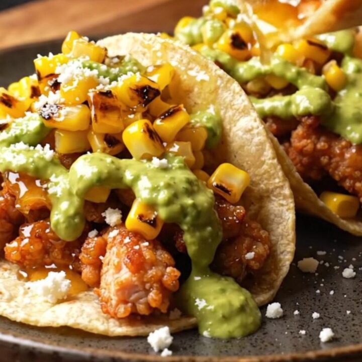 Glossy chipotle honey chicken smash taco topped with cotija crumbles on a warm amber kitchen table