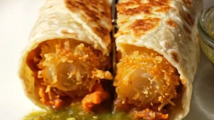 Cross-section of a golden breakfast burrito revealing crispy tater tots, chorizo, cheddar eggs, and avocado